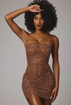 Oh Polly Party Dresses | Holiday Party Dresses & Outfits^Sheer Embellished Bodycon Mini Dress in Mocha