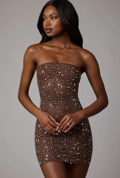 Oh Polly Party Dresses | Holiday Party Dresses & Outfits^Sheer Embellished Bodycon Mini Dress in Deep Cocoa DeepCocoa