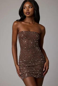 Oh Polly Party Dresses | Holiday Party Dresses & Outfits^Sheer Embellished Bodycon Mini Dress in Deep Cocoa DeepCocoa