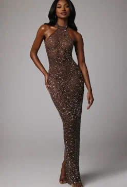 Oh Polly Party Dresses | Holiday Party Dresses & Outfits^Sheer Embellished High Neck Evening Gown in Deep Cocoa DeepCocoa