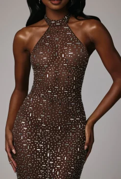 Oh Polly Party Dresses | Holiday Party Dresses & Outfits^Sheer Embellished High Neck Evening Gown in Deep Cocoa DeepCocoa