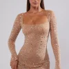 Oh Polly Party Dresses | Birthday^Sheer Embellished Long Sleeve A-Line Mini Dress in Almond