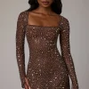 Oh Polly Party Dresses | Holiday Party Dresses & Outfits^Sheer Embellished Long Sleeve A-Line Mini Dress in Deep Cocoa DeepCocoa