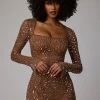 Oh Polly Party Dresses | Holiday Party Dresses & Outfits^Sheer Embellished Long Sleeve A-Line Mini Dress in Mocha