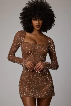 Oh Polly Party Dresses | Holiday Party Dresses & Outfits^Sheer Embellished Long Sleeve A-Line Mini Dress in Mocha
