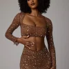 Oh Polly Co-Ords | Tops^Sheer Embellished Long Sleeve Crop Top in Mocha