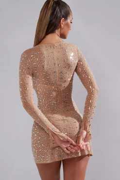 Oh Polly Party Dresses | Birthday^Sheer Embellished Long Sleeve A-Line Mini Dress in Almond