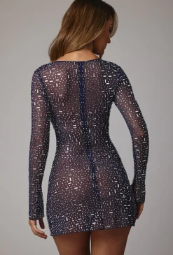 Oh Polly Mesh Dresses | Embellished Dresses^Sheer Embellished Long Sleeve A-Line Mini Dress in Navy