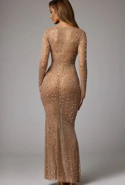 Oh Polly Party Dresses | Holiday Party Dresses & Outfits^Sheer Embellished Long Sleeve Evening Gown in Almond
