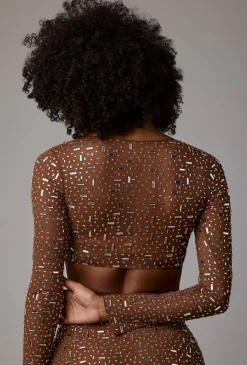 Oh Polly Co-Ords | Tops^Sheer Embellished Long Sleeve Crop Top in Mocha