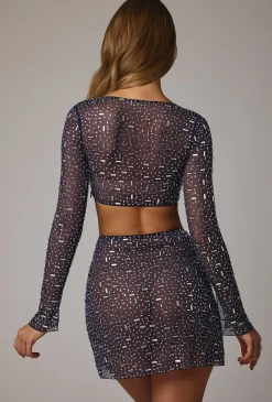 Oh Polly Co-Ords | Tops^Sheer Embellished Long Sleeve Crop Top in Navy