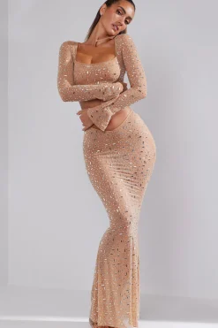 Oh Polly Tops | Party Dresses^Sheer Embellished Long Sleeve Square Neck Crop Top in Almond