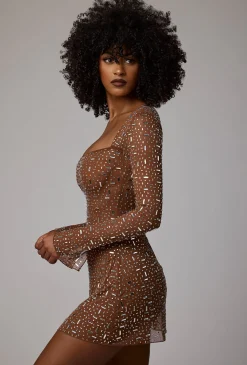 Oh Polly Party Dresses | Holiday Party Dresses & Outfits^Sheer Embellished Long Sleeve A-Line Mini Dress in Mocha
