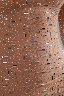 Oh Polly Party Dresses | Birthday^Sheer Embellished Long Sleeve A-Line Mini Dress in Almond