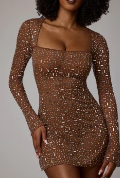 Oh Polly Party Dresses | Holiday Party Dresses & Outfits^Sheer Embellished Long Sleeve A-Line Mini Dress in Mocha