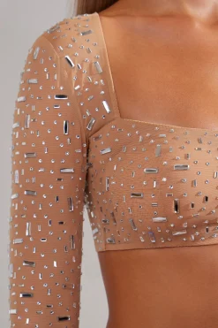 Oh Polly Tops | Party Dresses^Sheer Embellished Long Sleeve Square Neck Crop Top in Almond