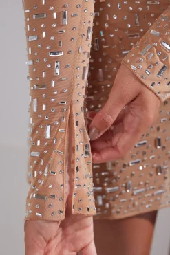 Oh Polly Party Dresses | Birthday^Sheer Embellished Long Sleeve A-Line Mini Dress in Almond