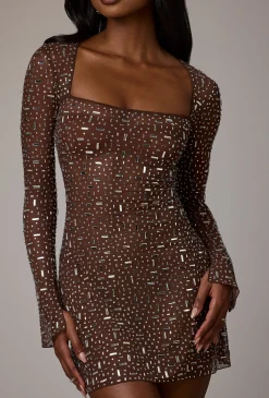 Oh Polly Party Dresses | Holiday Party Dresses & Outfits^Sheer Embellished Long Sleeve A-Line Mini Dress in Deep Cocoa DeepCocoa