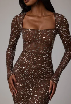 Oh Polly Party Dresses | Birthday^Sheer Embellished Long Sleeve Evening Gown in Deep Cocoa DeepCocoa