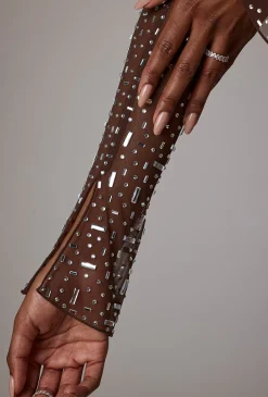 Oh Polly Party Dresses | Holiday Party Dresses & Outfits^Sheer Embellished Long Sleeve A-Line Mini Dress in Deep Cocoa DeepCocoa