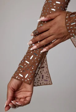 Oh Polly Party Dresses | Holiday Party Dresses & Outfits^Sheer Embellished Long Sleeve A-Line Mini Dress in Mocha