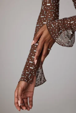 Oh Polly Party Dresses | Birthday^Sheer Embellished Long Sleeve Evening Gown in Deep Cocoa DeepCocoa