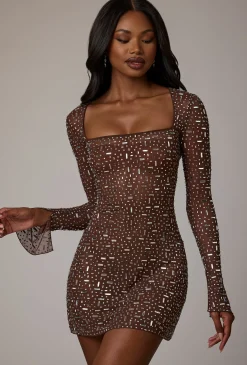 Oh Polly Party Dresses | Holiday Party Dresses & Outfits^Sheer Embellished Long Sleeve A-Line Mini Dress in Deep Cocoa DeepCocoa