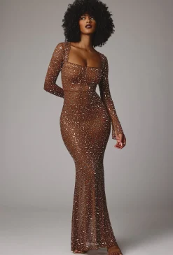 Oh Polly Party Dresses | Holiday Party Dresses & Outfits^Sheer Embellished Long Sleeve Evening Gown in Mocha