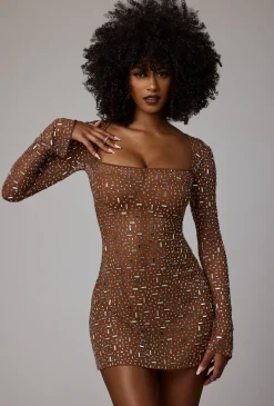 Oh Polly Party Dresses | Holiday Party Dresses & Outfits^Sheer Embellished Long Sleeve A-Line Mini Dress in Mocha
