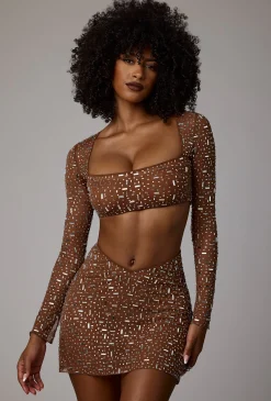 Oh Polly Co-Ords | Tops^Sheer Embellished Long Sleeve Crop Top in Mocha