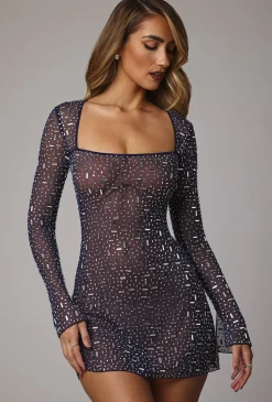 Oh Polly Mesh Dresses | Embellished Dresses^Sheer Embellished Long Sleeve A-Line Mini Dress in Navy