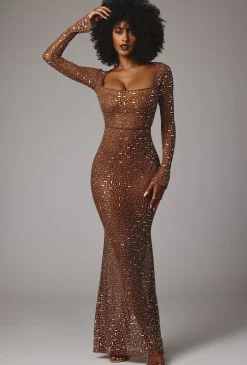 Oh Polly Party Dresses | Holiday Party Dresses & Outfits^Sheer Embellished Long Sleeve Evening Gown in Mocha