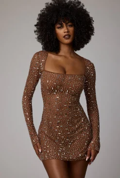 Oh Polly Party Dresses | Holiday Party Dresses & Outfits^Sheer Embellished Long Sleeve A-Line Mini Dress in Mocha