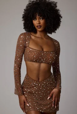 Oh Polly Co-Ords | Tops^Sheer Embellished Long Sleeve Crop Top in Mocha