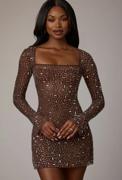 Oh Polly Party Dresses | Holiday Party Dresses & Outfits^Sheer Embellished Long Sleeve A-Line Mini Dress in Deep Cocoa DeepCocoa