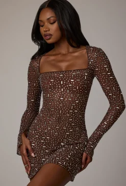 Oh Polly Party Dresses | Holiday Party Dresses & Outfits^Sheer Embellished Long Sleeve A-Line Mini Dress in Deep Cocoa DeepCocoa