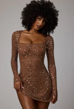 Oh Polly Party Dresses | Holiday Party Dresses & Outfits^Sheer Embellished Long Sleeve A-Line Mini Dress in Mocha