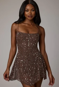 Oh Polly Party Dresses | Holiday Party Dresses & Outfits^Sheer Embellished Scoop Neck Mini Dress in Deep Cocoa DeepCocoa