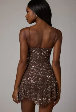 Oh Polly Party Dresses | Holiday Party Dresses & Outfits^Sheer Embellished Scoop Neck Mini Dress in Deep Cocoa DeepCocoa