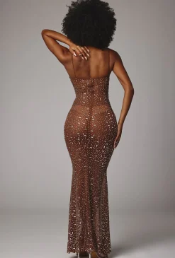 Oh Polly Party Dresses | Holiday Party Dresses & Outfits^Sheer Embellished Scoop Neck Evening Gown in Mocha