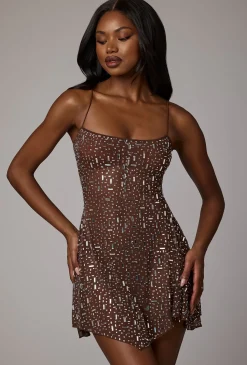 Oh Polly Party Dresses | Holiday Party Dresses & Outfits^Sheer Embellished Scoop Neck Mini Dress in Deep Cocoa DeepCocoa