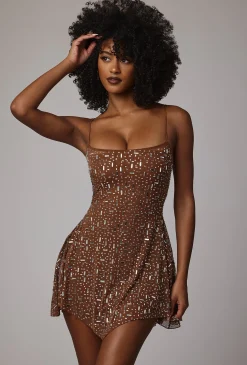Oh Polly Party Dresses | Holiday Party Dresses & Outfits^Sheer Embellished Scoop Neck Mini Dress in Mocha