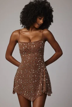 Oh Polly Party Dresses | Holiday Party Dresses & Outfits^Sheer Embellished Scoop Neck Mini Dress in Mocha