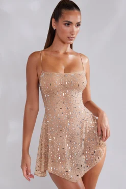 Oh Polly Party Dresses | Birthday^Sheer Embellished Scoop Neck Mini Dress in Almond