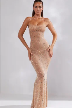 Oh Polly Party Dresses | Birthday^Sheer Embellished Scoop Neck Evening Gown in Almond