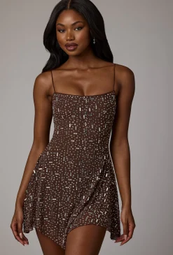 Oh Polly Party Dresses | Holiday Party Dresses & Outfits^Sheer Embellished Scoop Neck Mini Dress in Deep Cocoa DeepCocoa