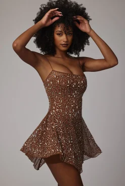 Oh Polly Party Dresses | Holiday Party Dresses & Outfits^Sheer Embellished Scoop Neck Mini Dress in Mocha
