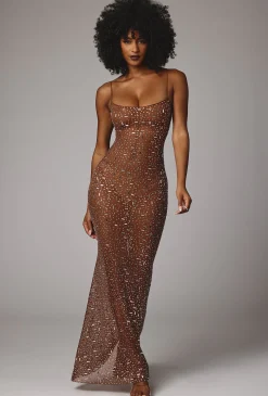 Oh Polly Party Dresses | Holiday Party Dresses & Outfits^Sheer Embellished Scoop Neck Evening Gown in Mocha