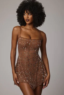 Oh Polly Party Dresses | Holiday Party Dresses & Outfits^Sheer Embellished Scoop Neck Mini Dress in Mocha