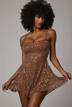 Oh Polly Party Dresses | Holiday Party Dresses & Outfits^Sheer Embellished Scoop Neck Mini Dress in Mocha